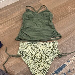 Olive Green Tankini Set with Light Green Leopard Print Bottoms